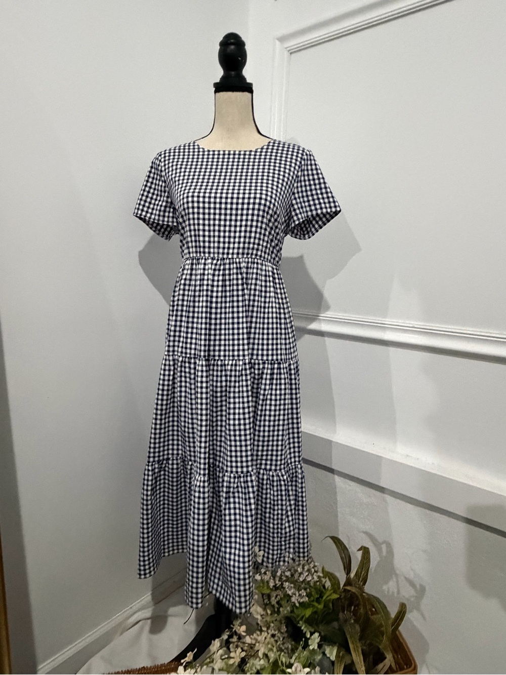 Listicle Navy and White Gingham Tiered Maxi Dress side pockets - Picture 2 of 3